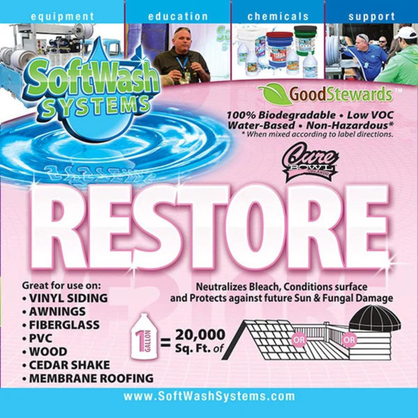 J.Racenstein Restore by Softwash Systems, product label detailing biodegradable, low VOC water-based formula for cleaning surfaces like vinyl siding, awnings, fiberglass, PVC, wood, cedar shake, and membrane roofing.