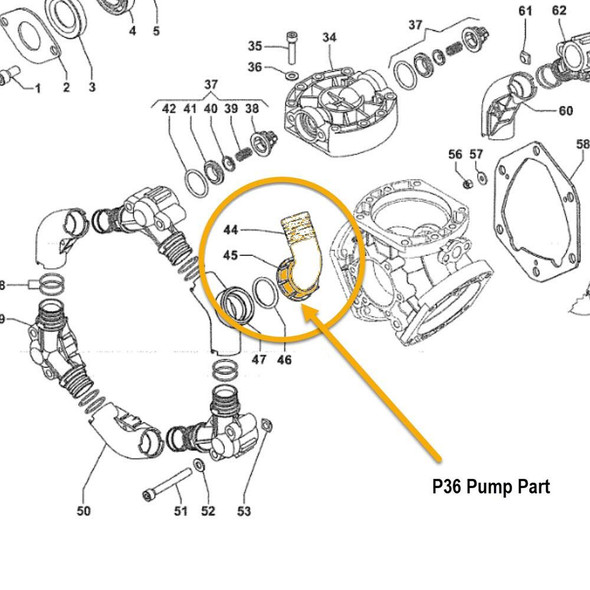 J.Racenstein Comet P36 Wing Nut 1/2 inch, detailed technical diagram of a P36 pump part assembly.