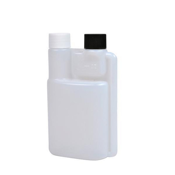 J.Racenstein Floater Bottle 8oz #3, a white plastic water bottle with a black cap and a smaller white cap, used for fishing or bait storing.