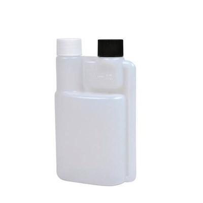 J.Racenstein Floater Bottle 8oz #3, empty white plastic bottle with black and white screw-on caps for floatation devices or accessories.