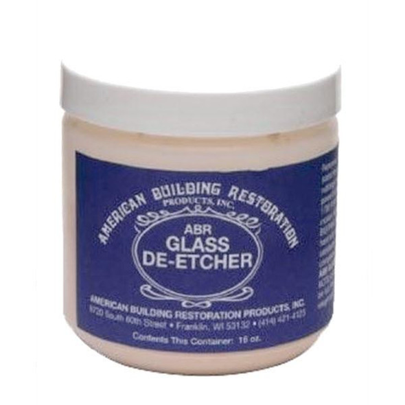 J.Racenstein Glass De-Etcher Pt, a container of glass de-etching product with blue and white label from American Building Restoration Products Inc.