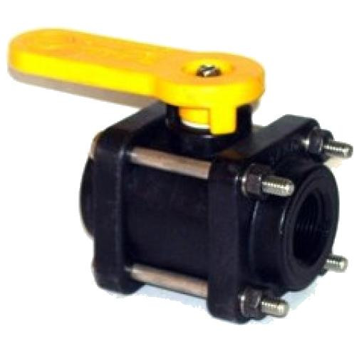 ProTool Valve 2-way 1/2in Banjo Ball Valve, black metal body with yellow lever handle for controlling fluid flow.