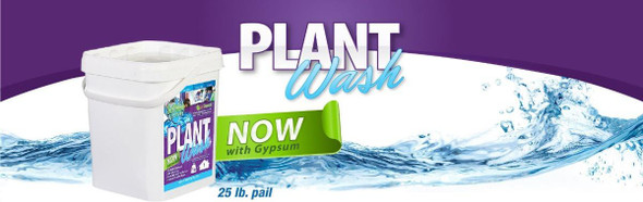 J.Racenstein Plant Wash Powder 25LB, white cleaning powder container with a label showing plant wash graphics and a water splash background.