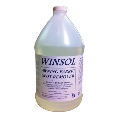 Winsol Awning Fabric Spot Remover Gal, a large white bottle with a purple label designed for removing difficult stains from awning fabrics.