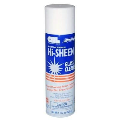 ProTool Glass Cleaner Hi Sheen 20oz Spray, image of a white and blue aerosol spray can with label indicating glass cleaning solution.