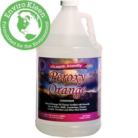J.Racenstein Earth Friendly Peroxy Cleaner Conc Gal, a large white gallon bottle of environmentally friendly peroxide-based cleaner with a purple and orange label featuring a sunset scene and text highlighting its earth-friendly and cleaning properties.