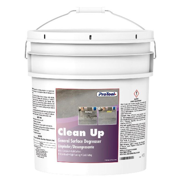 ProTool Clean Up, bucket of general surface degreaser with before and after cleaning images on the label.