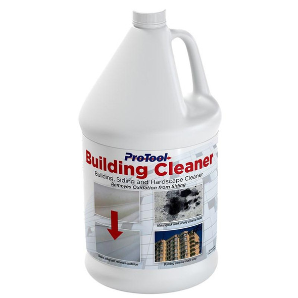 J.Racenstein ProTool Red Building Cleaner, large white bottle with label showing cleaning and siding images.