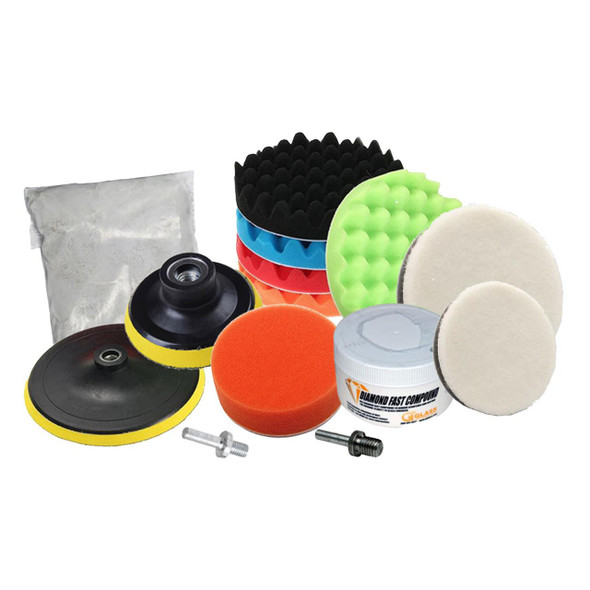 J.Racenstein Polishing Kit, a collection of sponge, foam, and wool polishing pads along with polishing compounds and accessories for glass, paint, and granite to remove stains and light scratches.