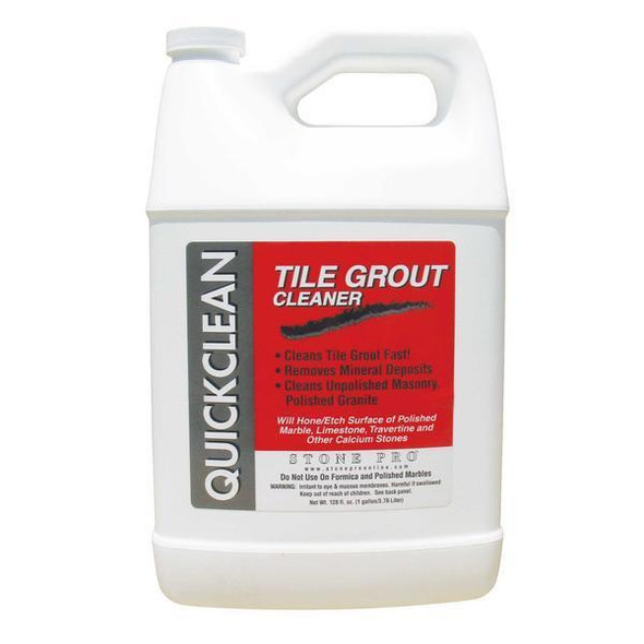 StonePro Quick Clean Gal StonePro, a white plastic bottle of tile and grout cleaner with red and black label.