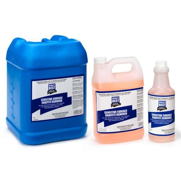 J.Racenstein Worlds Best Graffiti Remover Sensitive Surface, image showing multiple bottles of graffiti removal solution in different sizes, with a prominent blue container on the left and two smaller bottles on the right.