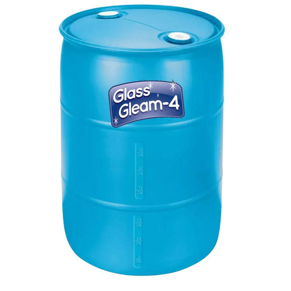 J.Racenstein Glass Gleam 3 55 Gal Drum, blue plastic 55-gallon drum with measurement markings and a lifting ring on the top, used for industrial cleaning or chemical storage.