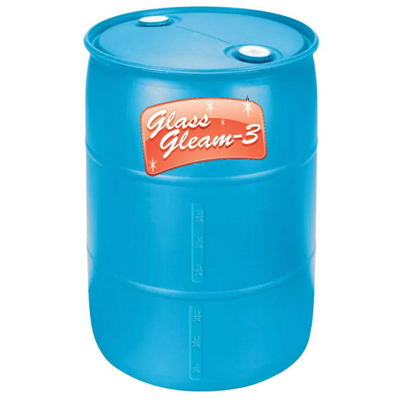 J.Racenstein Glass Gleam 3 55 Gal Drum, blue plastic drum with measurement markings and a label that says 'Glass Gleam-3' on the front.