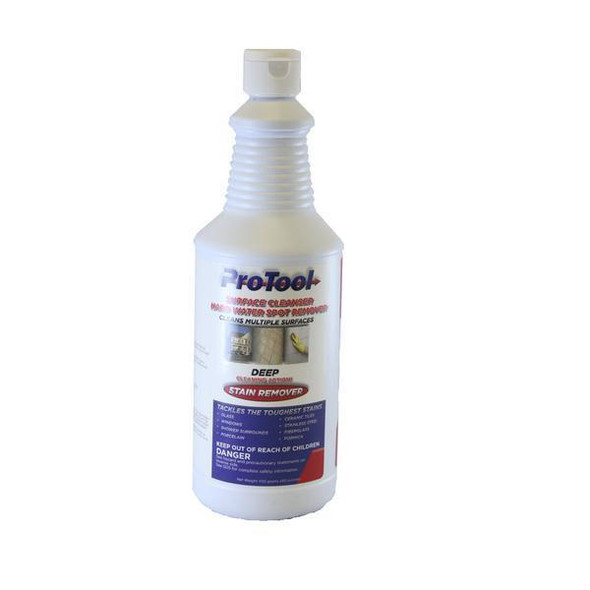 ProTool Pro Hard Water Stain Remover Qt, a white plastic bottle with a nozzle cap, designed for removing hard water stains and cleaning multiple surfaces.