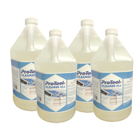 J.Racenstein ProTool Cleanse All 4 Gallon Case, image of four large, semi-transparent plastic bottles of ProTool Cleanse All alkaline cleaner for house washing, with labels and caps visible.