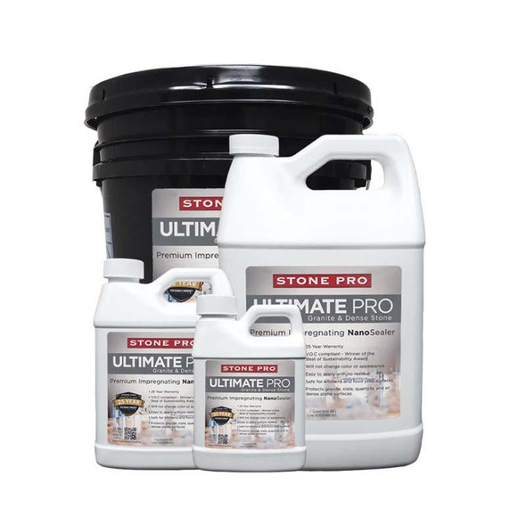 StonePro Ultimate Pro Dense Stone Sealer, image of a large black bucket and three smaller white bottles of sealer for enhancing and protecting dense stone surfaces.