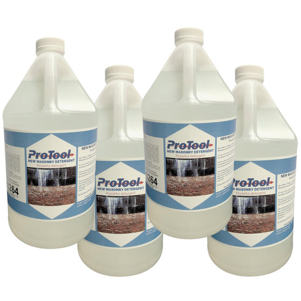 J.Racenstein ProTool Masonry Detergent 4 Gallon Case, group of five large white bottles with blue labels featuring brick wall image and product details.