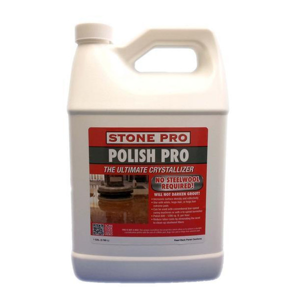 StonePro Polish Pro Maintenance Crystalizer, white plastic bottle with red and gray label displaying product name and features.