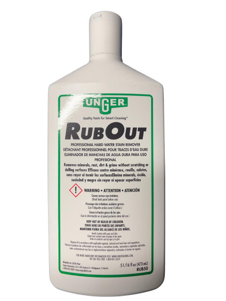 Unger RubOut PT, professional hard water stain remover bottle shown in the image.