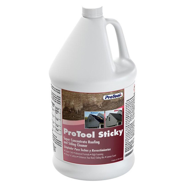 ProTool Sticky, bottle of super concentrate roofing and siding cleaner with before and after images on the label