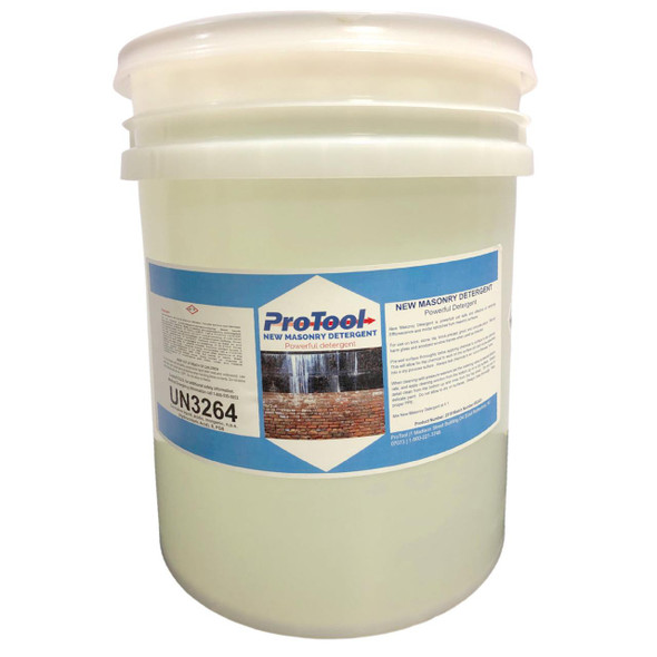 J.Racenstein ProTool Masonry Detergent 5 Gallon Pail, large white plastic container with a blue and white label for masonry cleaning.