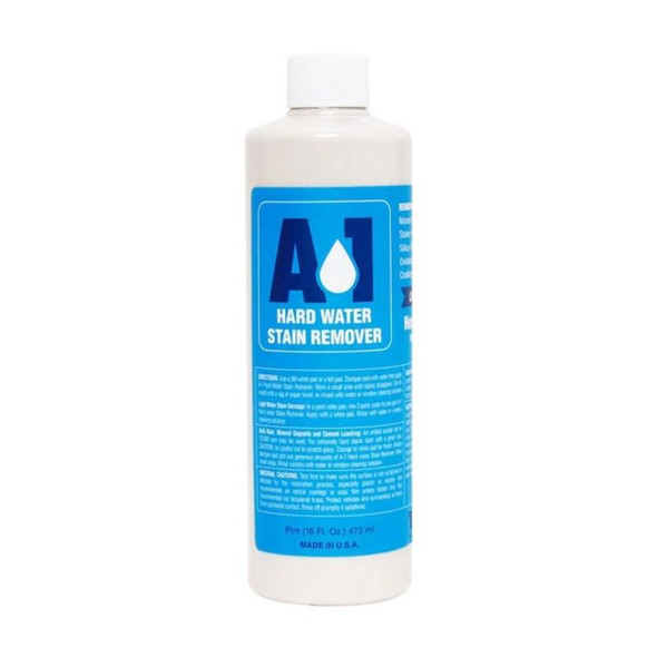 J.Racenstein Titan Labs A1 Hard Water Stain Remover, white plastic bottle with blue label demonstrating the product for removing hard water stains.