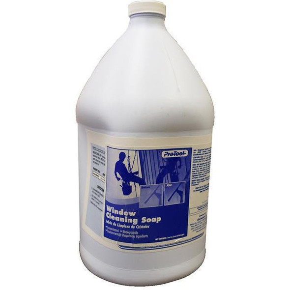 ProTool Window Cleaning Concentrate Gal, a large white bottle with a blue label featuring a window cleaner and cleaning illustrations.