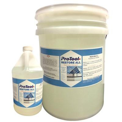 J.Racenstein ProTool Restore All Restoration Cleaner, large bucket and smaller bottle of cleaning solution for restoring surfaces.
