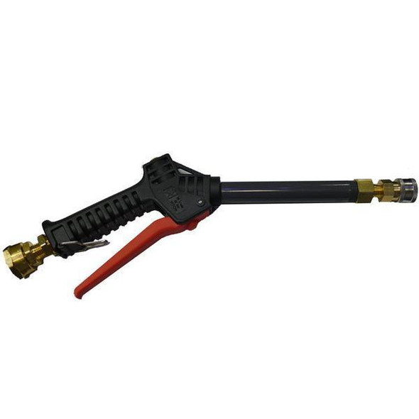 J.Racenstein Wand Trigger Sprayer Softwash 6in Lance Gun, black and red trigger spray gun with metal lance and brass fittings.