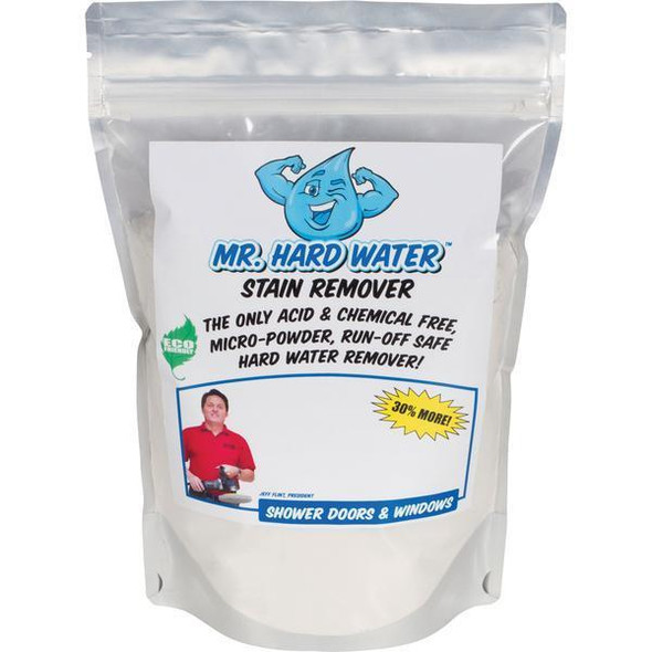 J.Racenstein Mr. Hardwater Cleaning Powder 15oz, front view of the resealable pouch showing the product label with a cartoon blue water drop mascot, promotional information, and an image of a man in a red shirt.