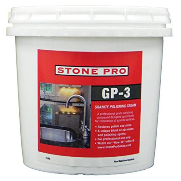 StonePro Granite Countertop Polishing Kit StonePro, white plastic bucket with red label displaying product information and images of polished granite countertop surfaces.