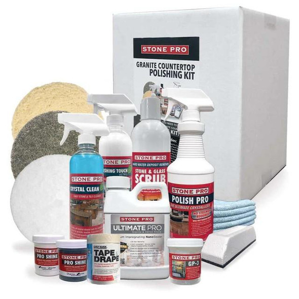 StonePro Granite Countertop Polishing Kit, complete set of cleaning and polishing products and tools for granite countertops.