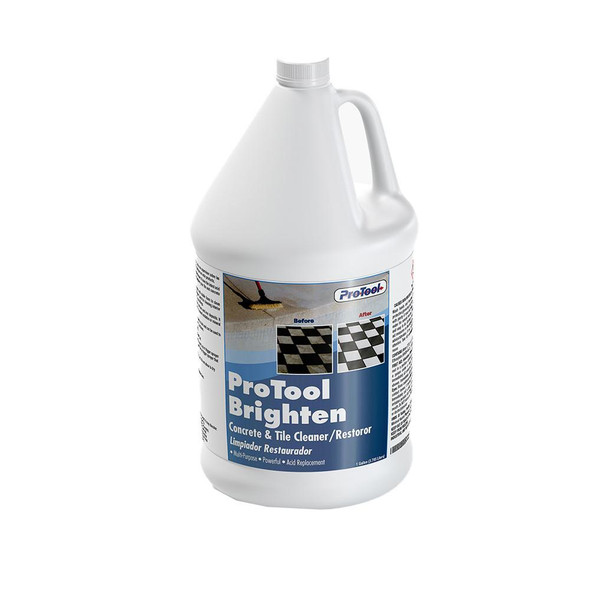ProTool Brighten, bottle of concrete and tile cleaner/restorer with label showing before and after results.