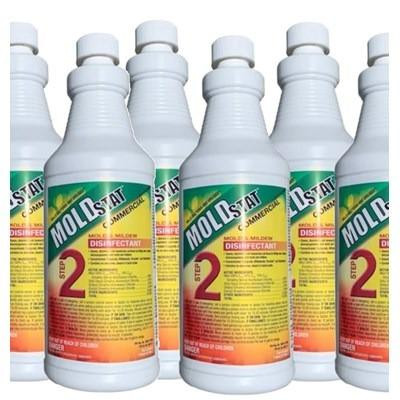 J.Racenstein Moldstat 2 Commercial Case of 6 Quarts, white plastic bottles of mold and mildew disinfectant with green and yellow labeling.