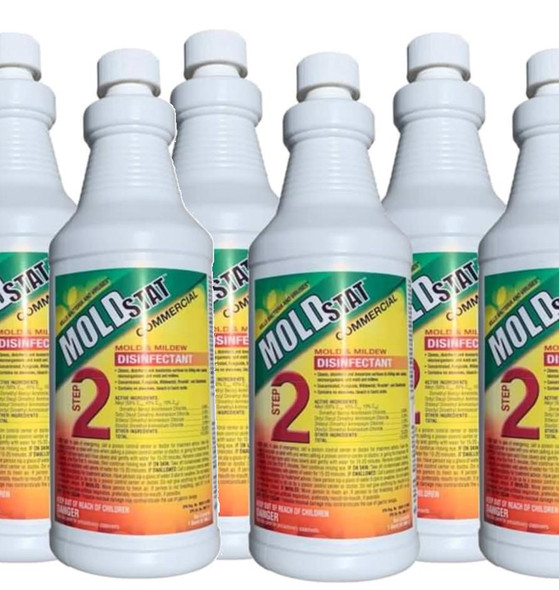 J.Racenstein Moldstat 2 Commercial Case of 6 Quarts, mold and mildew disinfectant bottles with green, yellow, and red label and white cap.