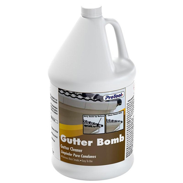 ProTool Gutter Bomb, gutter cleaner and oxidation remover bottle with label showing before and after cleaning images.