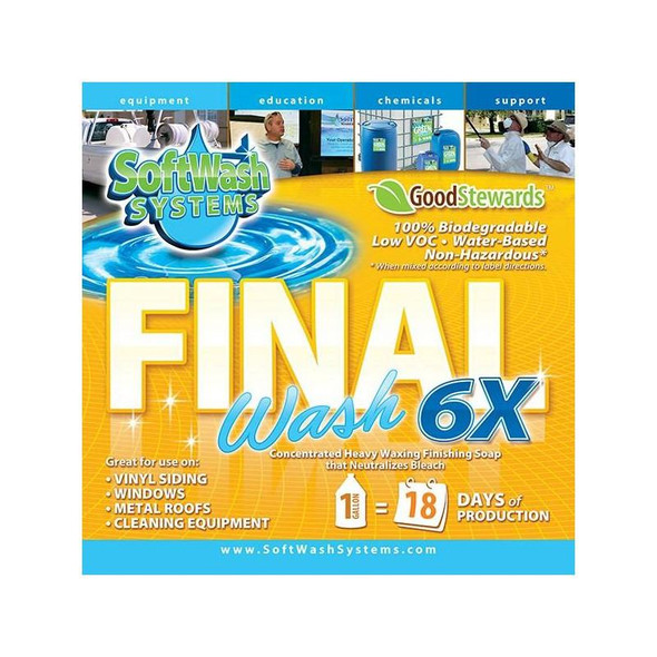 J.Racenstein Final Wash 6X, concentrated heavy waxing finishing soap for vinyl siding, windows, metal roofs, and cleaning equipment