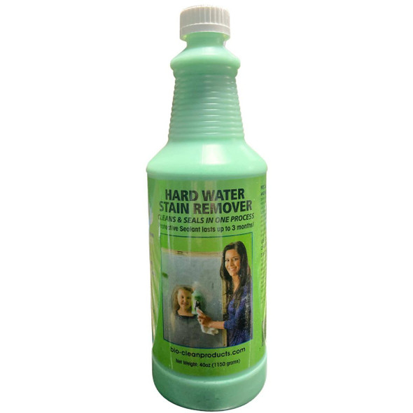 BioClean Bio Clean, 40oz, hard water stain remover bottle with label showing a woman and a girl using the product for cleaning.