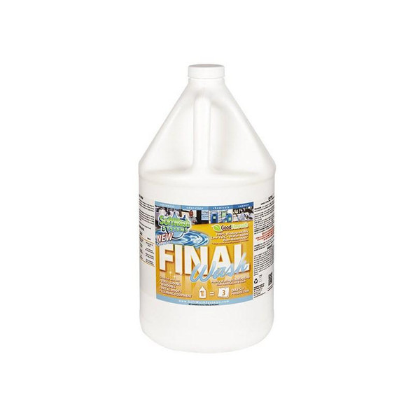 J.Racenstein Final Wash, a large white bottle of cleaning solution with colorful label for window cleaning and surface polishing.