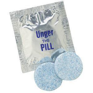 Unger Pill Window Cleaning Soap, silver foil packet and two round blue tablets for sparkling clean windows.