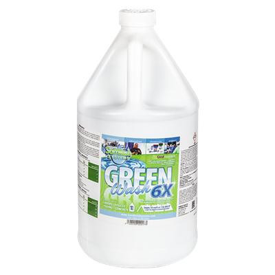 J.Racenstein Green Wash 6X, a large white container of eco-friendly cleaning solution with a green and blue label.