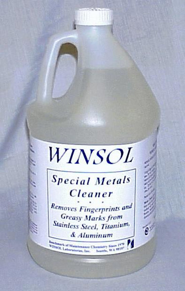 Winsol Special Metals Cleaner Gal, image of a large white plastic container with a handle and white cap, labeled as a cleaner for stainless steel, titanium, and aluminum to remove fingerprints and greasy marks.