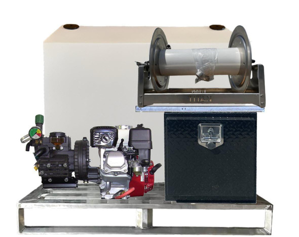 ProTool Batch Spraying Skid, industrial spraying equipment with pump, motor, and control box mounted on a metal frame.