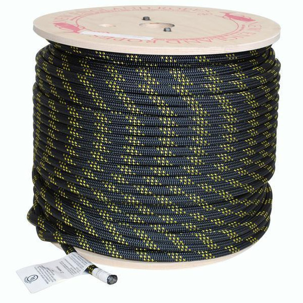 Teufelberger KMIII Rope 1/2inch Solid Black, coiled climbing and utility rope with black and yellow pattern on a spool.