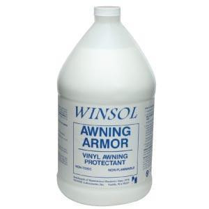 Winsol Awning Armor Vinyl, a bottle of vinyl protective coating for awnings with blue and white label.