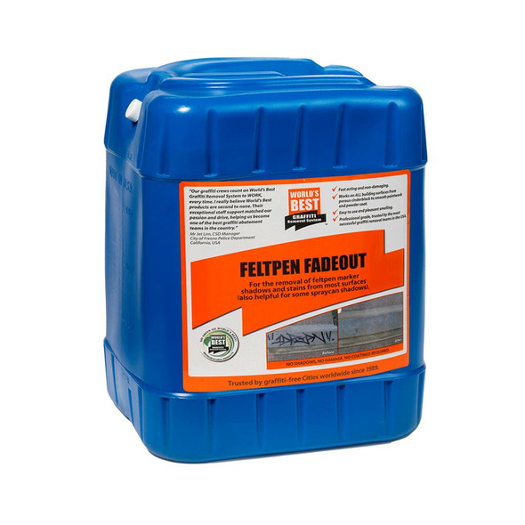 J.Racenstein Worlds Best Graffiti Remover Feltpen Fadeout, blue container with label showing graffiti removal instructions and images of before and after graffiti cleanup.