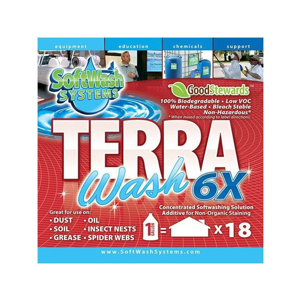 J.Racenstein Terra Wash 6X, product packaging of concentrated softwashing solution for cleaning various surfaces including dust, oil, soil, insect nests, grease, and spider webs.