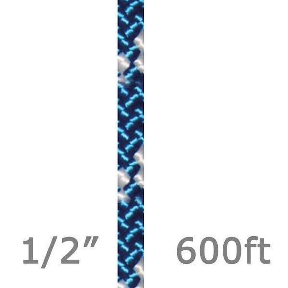 Teufelberger Rope KMIII 1/2in 600 Ft Blue, a close-up view of blue and white braided rope with specifications indicating 1/2 inch diameter and 600 feet length.