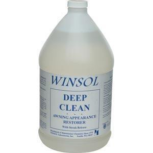 Winsol Deep Clean Gal Winsol, a white bottle with a blue label featuring product details for cleaning and restoration.