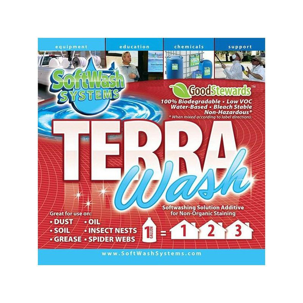 J.Racenstein Terra Wash, cleaning product package with red and blue design featuring instructions and product details.